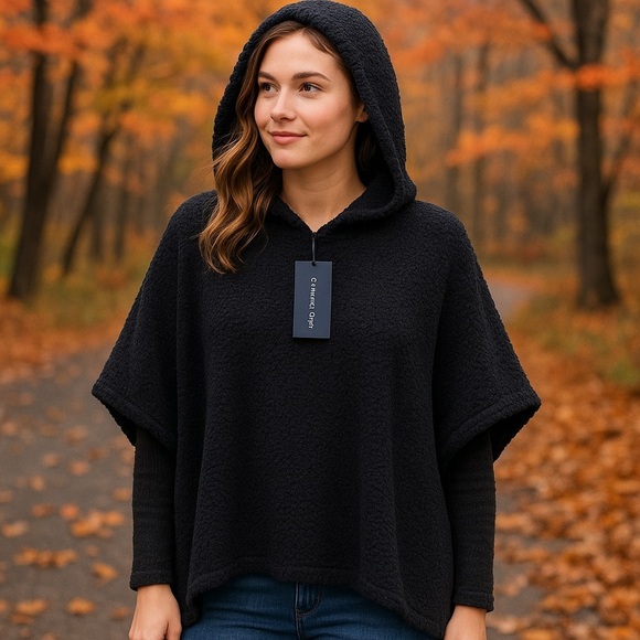 CHARTER CLUB WOMEN’S BLACK HOODED KNIT PONCHO ONE SIZE FITS ALL Brand New TAGS - Picture 2 of 14